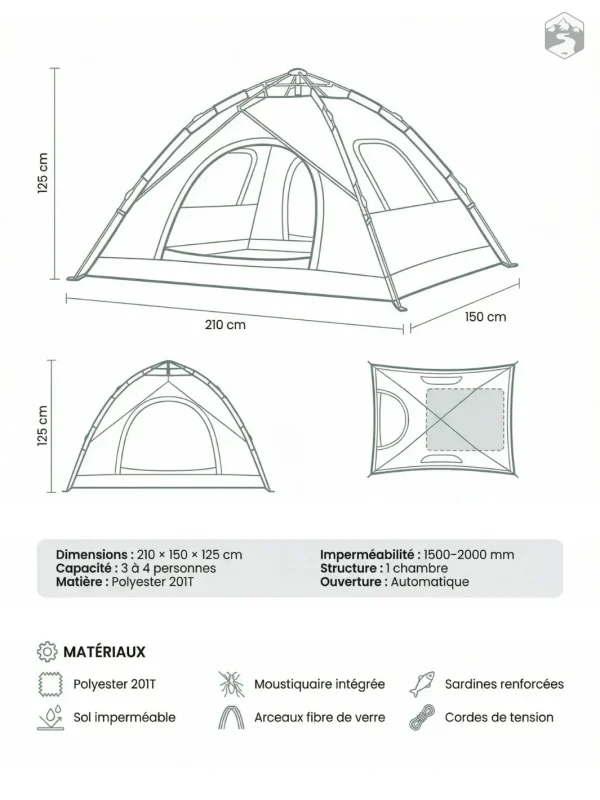 Tente avec système d'ouverture automatique pour le camping