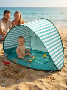 Tente de plage compacte avec espace piscine pour enfants